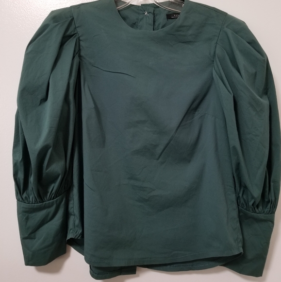 Zara Green Puff Sleeve Button Back Blouse Long Sleeve Cotton Poplin Size XS - Picture 2 of 11